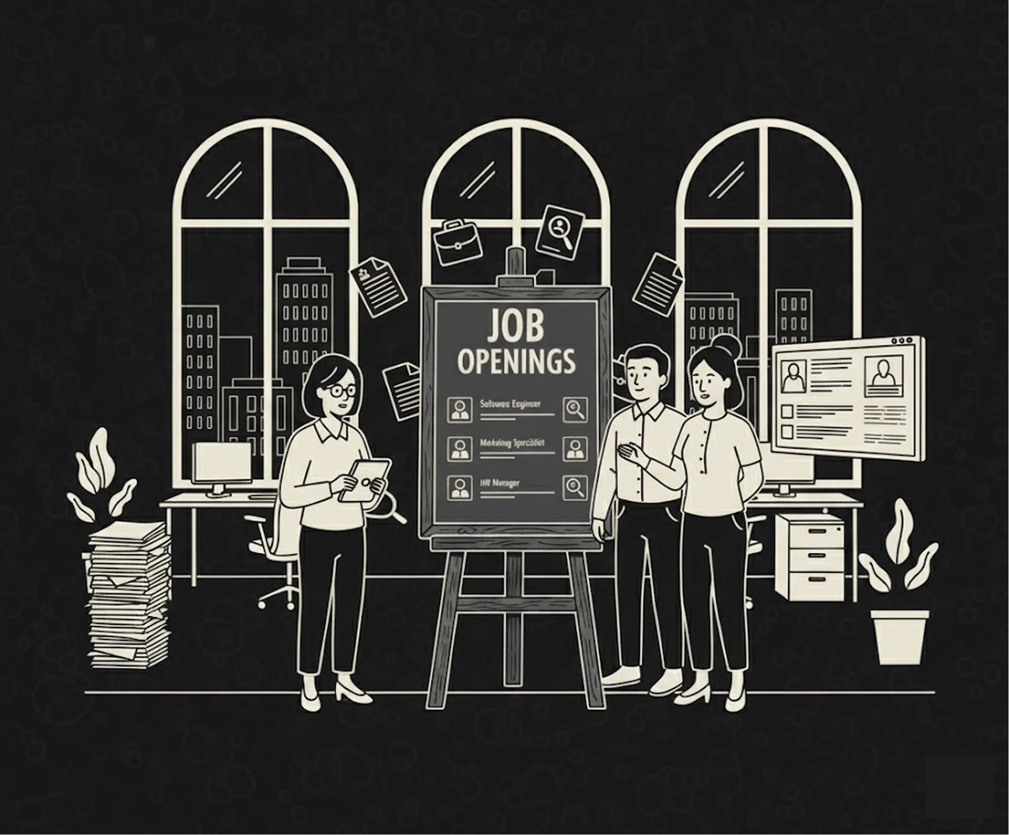 Line illustration of three colleagues in an office beside an easel headed Job Openings